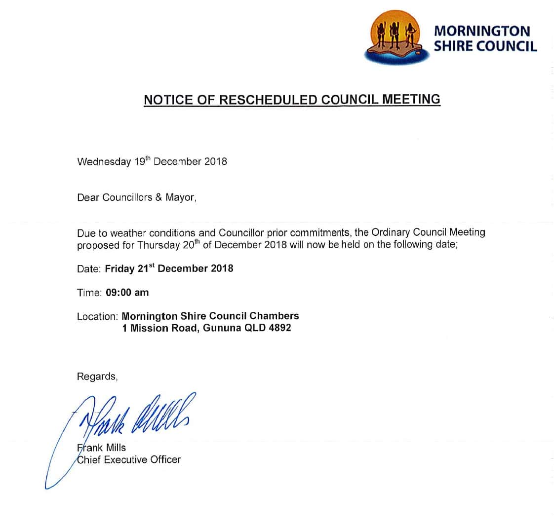 Rescheduled December Council Meeting